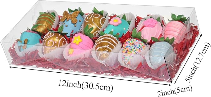 12PCS 12x5x2 Inches Clear Valentines Strawberry Boxes Cookie & Gift Boxes for Party Favors