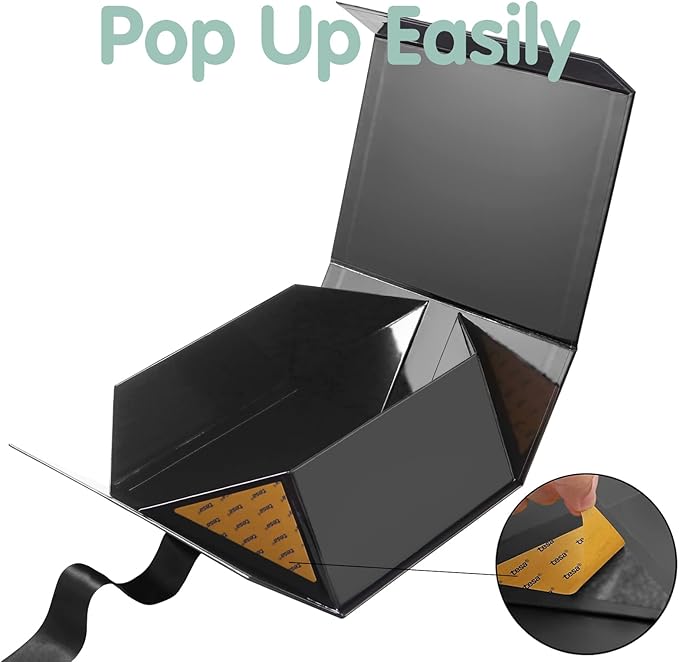HAPPY POTATO Black Gift Box with Lid and Ribbon 9x6.5x3.8 Inches, Groomsman Proposal Boxes, Magnetic Gift Box for Presents (Glossy Black)