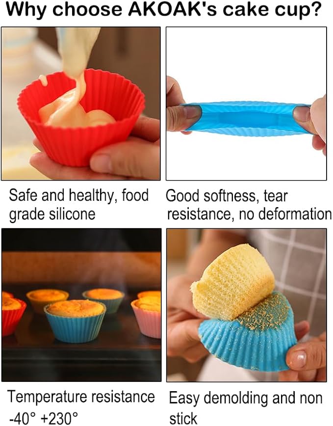 AKOAK Reusable Silicone Non-stick Baking Cups, Cake Molds, Kitchen Baking Cooking Accessories, DIY Cake Making Tools - Pack of 10 (Rose red)