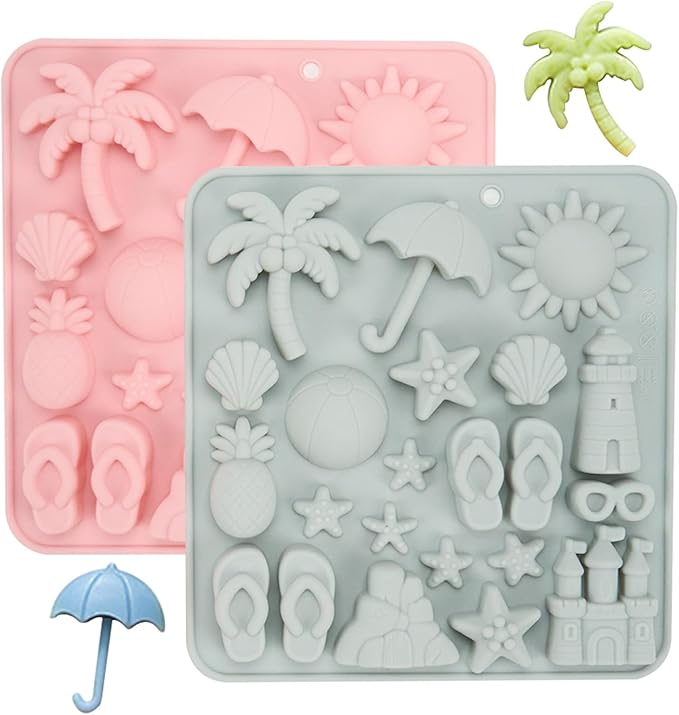 2 Pcs Summer Beach Chocolate and Fondant Silicone Molds, DIY Candy Sandcastles for Parties (Pink and Blue)