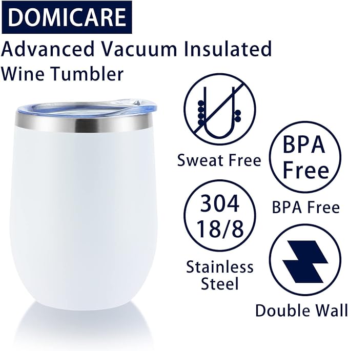 DOMICARE Stainless Steel Wine Tumbler Bulk with Lid, Personalized White Insulated Tumblers Set, 12oz Travel Coffee Cups Pack of 16