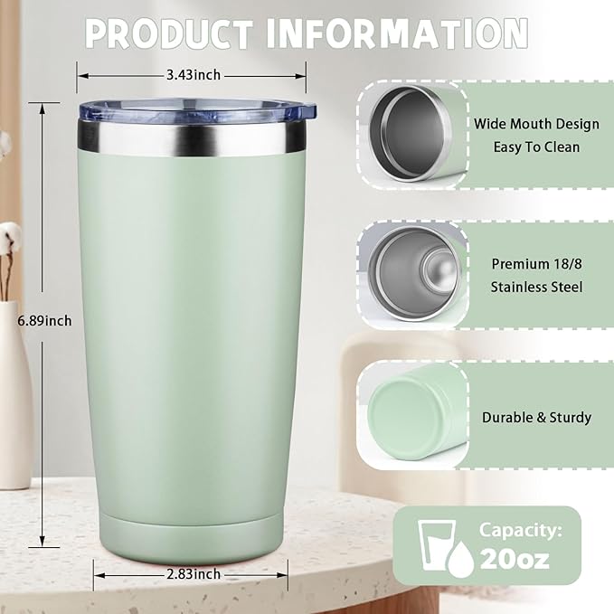 20 oz Tumbler with Lids and Straws, Stainless Steel Insulated Coffee Tumbler, Double Wall Vacuum Insulated Travel Mug Cup, Leakproof Thermal Coffee Cup for Hot and Cold Drinks (green tea)