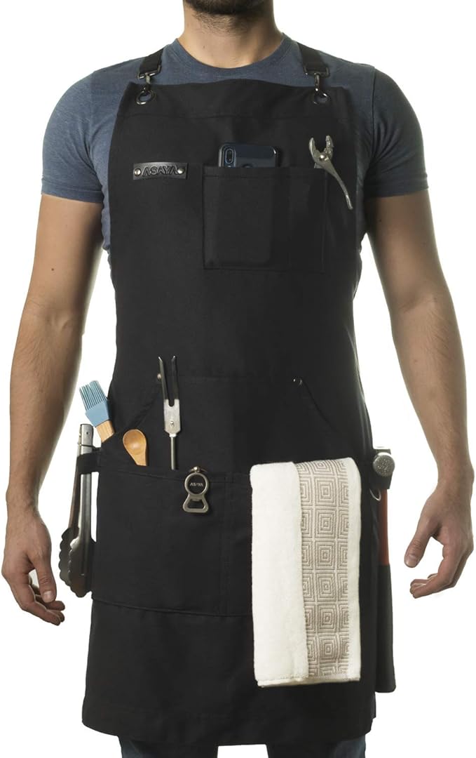 Asaya Chef and BBQ Apron with Bottle Opener and Hand Towel - 10oz Cotton Canvas, Stainless Steel Hardware - Cross Back Straps