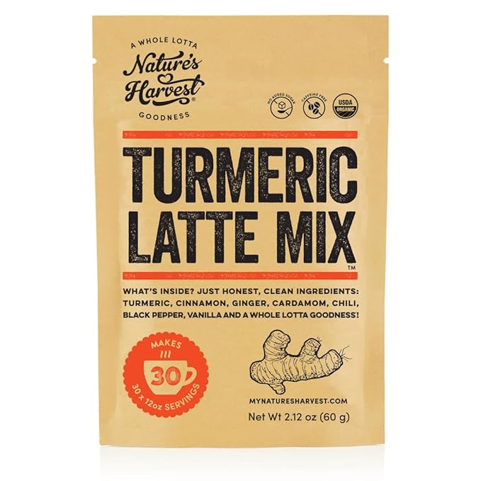 Nature's Harvest - Turmeric Latte Mix, Add on Golden Milk Tea, Smoothies and Other Drinks, Turmeric Spice Blend, Caffeine-Free Coffee Alternative, 2.12 oz Pack, 30 Servings