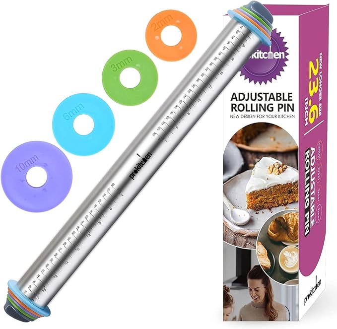 Adjustable Rolling Pin with Thickness Rings for Baking, Adjustable Stainless Steel Designs Dough Roller Pins for Cookie Decorating & Dough Pizza Pie Adjustable Long Rolling Pin 23.6 Inch