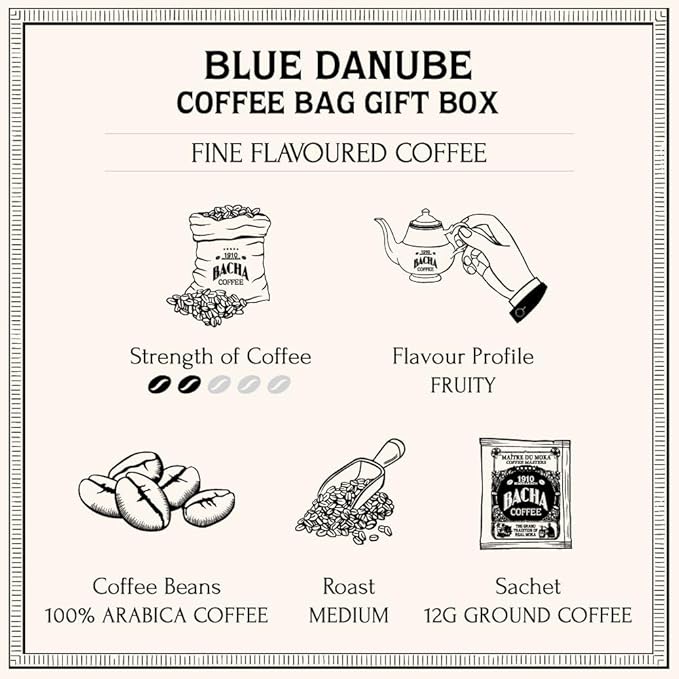 Bacha Coffee | Blue Danube Fine Flavoured, Medium Roast, 100% Arabica Specialty Coffee, 12 Coffee Drip Bags, Gift Box