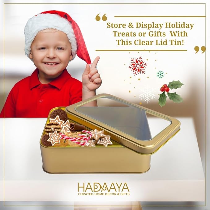 Pack of 2 Gold Rectangular Tin Container With Clear Lid, Multipurpose Tin Box, Festive Tin Box for Gift Giving, Cookies, Stationery & More - 7.25 x 5.25 x 2.25 Inches