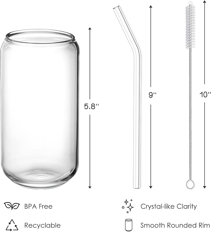 NETANY Drinking Glasses with Glass Straw 4pcs Set - 16oz Highball Glass Cups, Beer Glasses, Iced Coffee Glasses, Cute Tumbler Cup, Ideal for Whiskey, Soda, Tea, Water, Gift, 2 Brushes