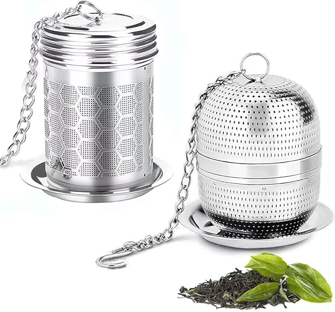 Tea Strainer Tea Infuser for Loose Tea, Tea Steeper 304 Stainless Steel Tea Mesh Strainer with Lid and Drip Tray, 2 Pack Tea Diffuser with Chain Hook, Tea Ball to Brewing Steeping Loose Leaf
