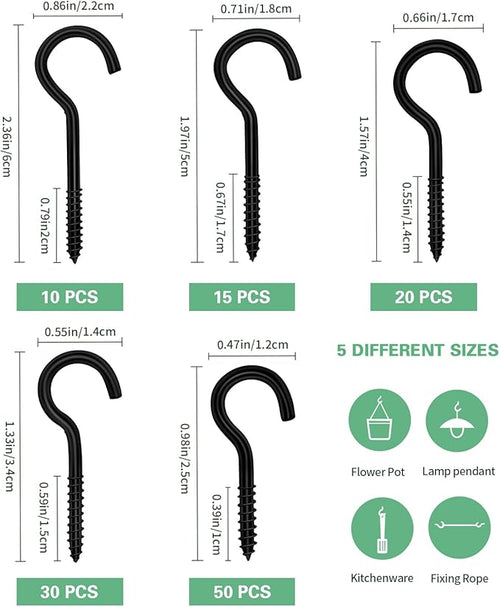 125 Pcs Screw Hooks in 5 Sizes – Cup Hooks for Hanging Plants, Mugs, Lights, and Ceiling Storage (Black)