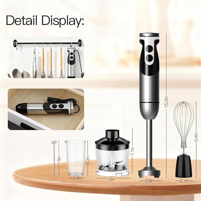 MegaWise Blender Handheld 12-Speed Stainless Steel Electric Hand Blender, 5 in 1 Immersion Handheld Blender，Titanium Blades Hand Blender, Milk Frother Wand,with 600ml Whisk Beaker and Chopper (black)