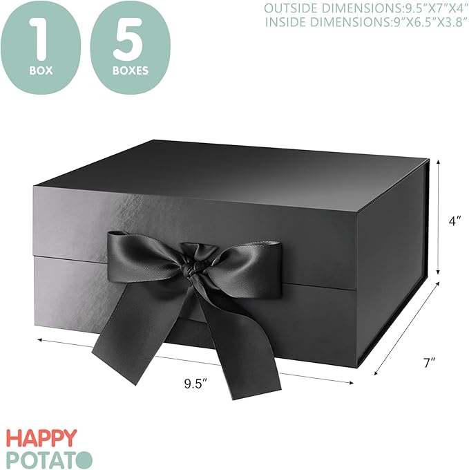 HAPPY POTATO 5 Gift Boxes with Ribbon 9x6.5x3.8 Inches, Black Gift Boxes with Lids, Collapsible Gift Boxes, Magnetic Closure Gift Boxes for all occasion (Glossy Black, Pack of 5)