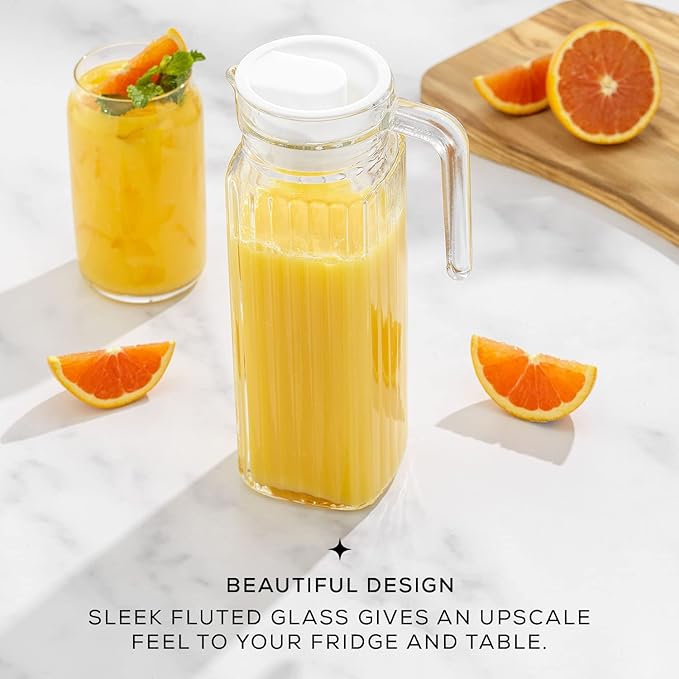 40oz Glass Pitcher with Lid (2 Lids) - Beverage Serveware, Storage Container and Carafe for Cold Drinks and Liquids. Glass Water Pitcher also for Juice, Bedside Carafe, Sun Tea Jar