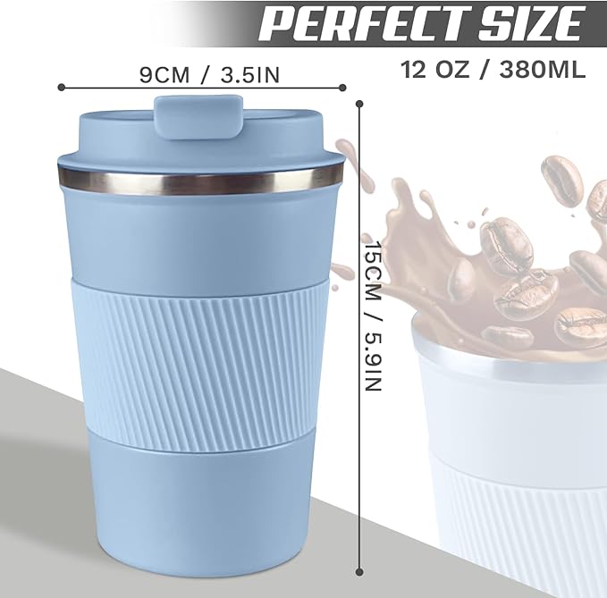 Vacuum-Insulated Stainless Steel Travel Coffee Mug, Leak-Proof Reusable Coffee Cup with Lid - Keep Hot & Cold Drinks for Hours, Durable Thermos Tumbler for Men & Women (3rd-Light Blue, 12OZ)