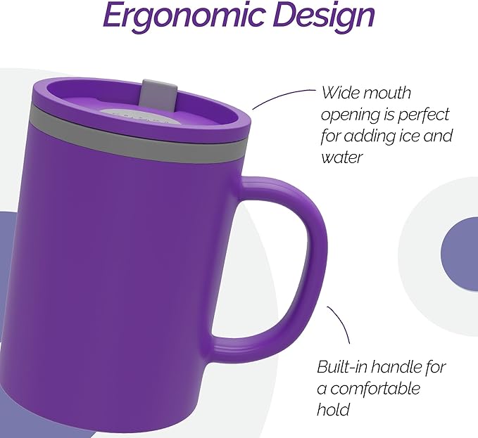 Copco Iconic 16oz Double Wall Insulated Desk Mug with Lid & Handle, Set of 2, BPA-Free Reusable Plastic, Spill-Proof, Microwave & Dishwasher Safe, Wide Mouth, Cup Holder Friendly (Purple/Light Purple)