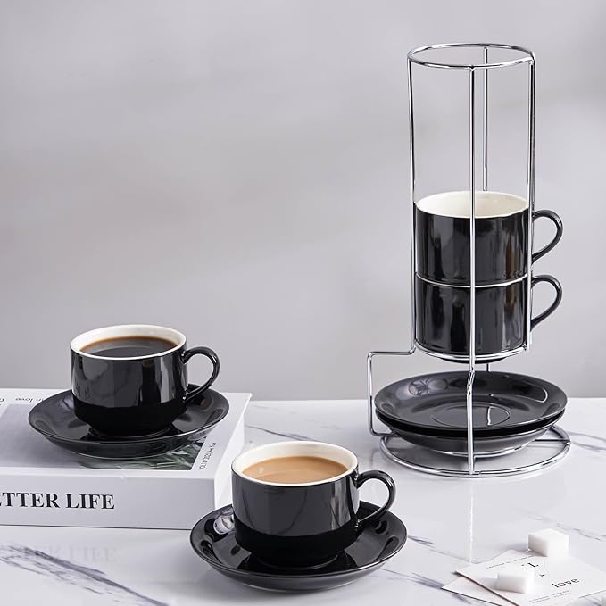 8 Ounce Porcelain Cappuccino Cups with Saucers and Silver Stand, Black Cups Set of 4