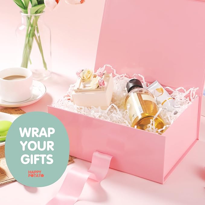 HAPPY POTATO Gift Box for Presents with Ribbon 9x6.5x3.8 Inches, Pink Gift Box with Lid, Bridesmaid Proposal Box (Glossy Pink)