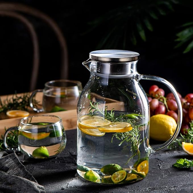 68OZ Glass Pitcher with Lid and Spout - High Heat Resistance Pitcher for Hot/Cold Water & Iced Tea (2.0L)