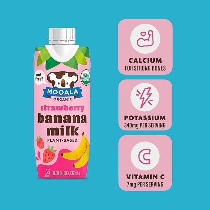 Mooala - Organic Strawberry Bananamilk, Lunchbox Friendly, Shelf-Stable, Non-Dairy, Nut-Free, Plant-Based Beverage, On the Go 12 Pack