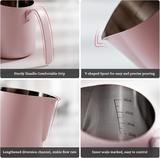 Pink Milk Pitcher 750ML - Espresso Steaming Pitcher with Large Handle and Scale,Stainless Steel Milk Frothing Cup for Cappuccino, Latte Art,Coffee Machine Accessories