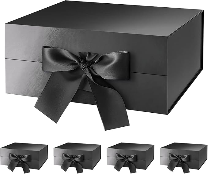 HAPPY POTATO 5 Gift Boxes with Ribbon 9x6.5x3.8 Inches, Black Gift Boxes with Lids, Collapsible Gift Boxes, Magnetic Closure Gift Boxes for all occasion (Glossy Black, Pack of 5)