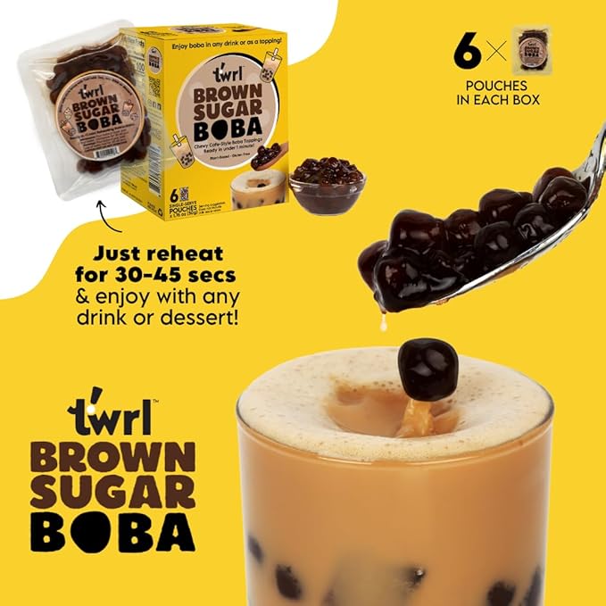 Twrl Brown Sugar Boba Bubble Tea Toppings - Taiwanese Boba Pearls, Cafe-Style Tapioca Milk Tea Topping, Instant - Perfect for Milk Tea and Coffee, Gluten-Free, Plant-Based - Pack of 6 Single Servings