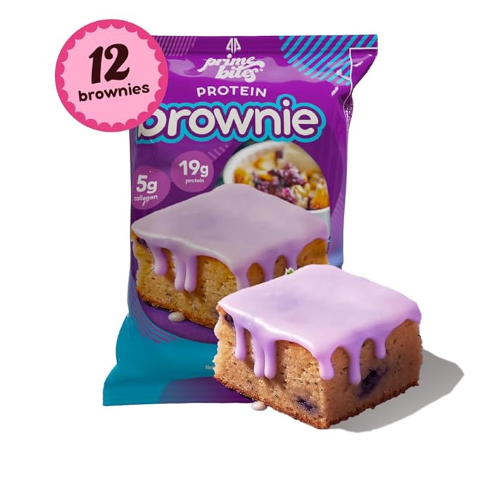 Prime Bites Protein Brownie from Alpha Prime Supplements | High Protein, Collagen Fortified Low Sugar Treat | Delicious Snack | 12 Bars per Box (Blueberry Cobbler)