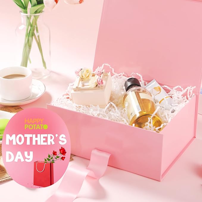 HAPPY POTATO 5 Gift Boxes with Ribbon 9x6.5x3.8 Inches, Pink Gift Boxes with Lids, Bridesmaid Proposal Boxes, Magnetic Gift Boxes for Presents (Glossy Pink, Pack of 5)