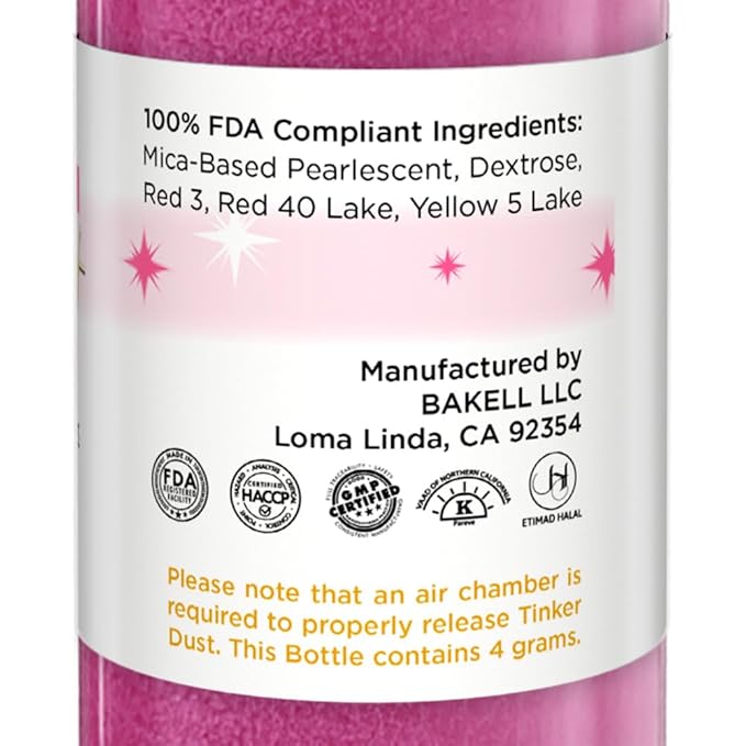 Bakell - Neon Pink Tinker Dust (4g, 1x Mini Spray Pump) Edible Glitter for Food, Desserts, and Beverages!