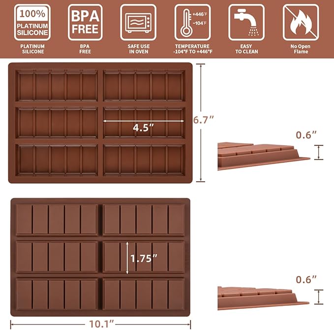 Chocolate Bar Mold, Deep Silicone Bar Mold for Stuffed Chocolate Bar, Wax Melt, Candy Bar Mold 1 Pack (5 Snap)