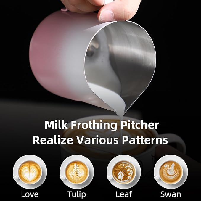 600ml Pink Milk Frothing Pitcher – Stainless Steel Latte Art Coffee Cup with Measurement Markings, Espresso Steaming Jug, Food-Grade & Heat-Resistant for Barista & Home Brewing (Pink white-600ml)