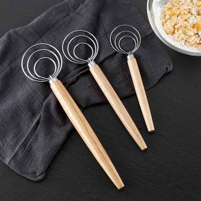 Danish Dough Whisk with Dough Scraper 10" Dutch Bread Whisk Bread Mixer Stainless Steel Dutch Bread Dough Whisk with Wooden Handle Dutch Whisk Baking Tools for Sourdough, Pizza, Pastry, Cake