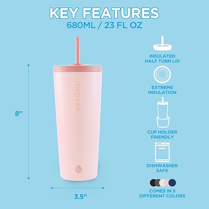 GROSCHE Jasper Insulated Stainless Steel Tumbler With Straw – Travel Cup with Lid, Extreme Insulation & Sleek Design, 23 oz - Pink