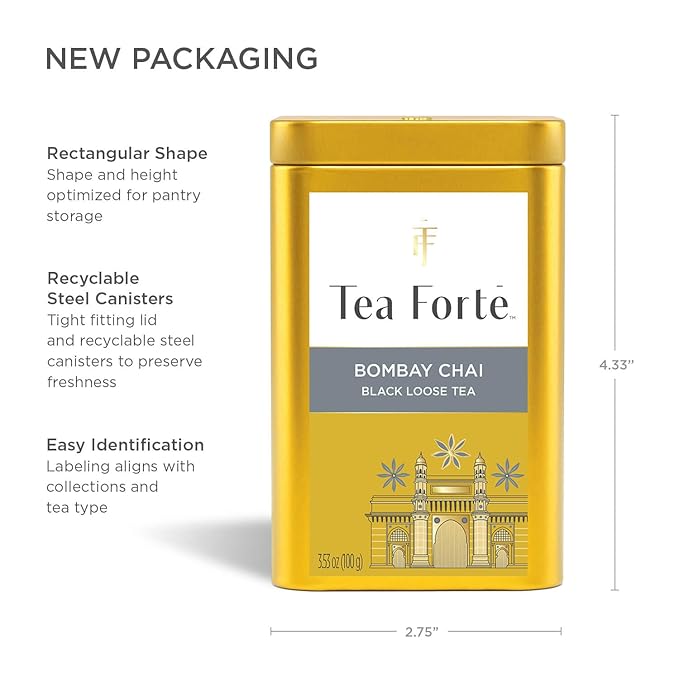 Tea Forte Bombay Chai Premium Loose Leaf Caffeinated Black Tea Blend Canister, Makes 35-50 Cups