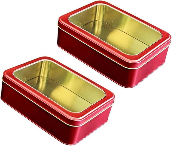 Pack of 2 Red Rectangular Metal Tin with Clear Lid – Gift Box for Cookies, Candy, Crafts & Storage – Ideal for Gifting, Home Decor & Party Favors