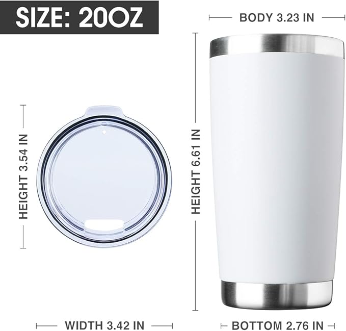 20oz Tumbler Bulk Stainless Steel Vacuum Insulated Tumblers with Lid Double Wall Travel Mug Durable Powder Coated Coffee Cup, Suitable for Ice Drinks and Hot Beverage (White 1pack)