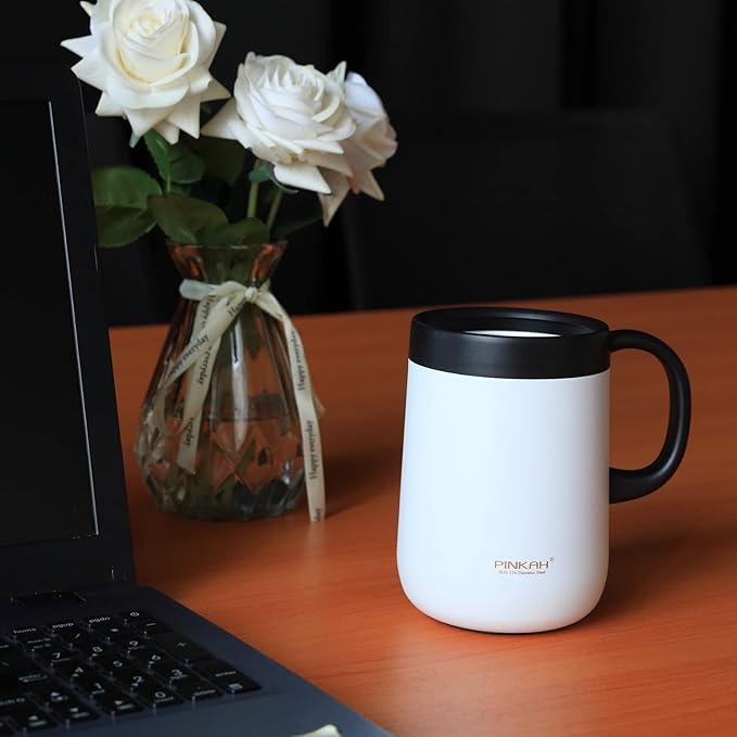 16oz Coffee Mug Cup with Handle, Insulated Stainless Steel Coffee Cup with Lid, Hot and Cold Beverages, Double Walled Vacuum Coffee Thermal Mug for Women and Men, White