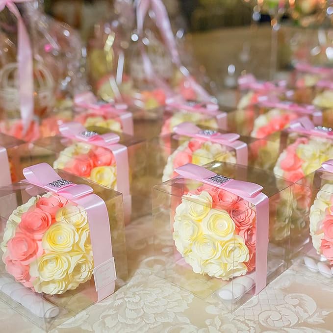 45 Pack 3x3x3 Inches Clear Favor Boxes with Ribbons, Transparent Plastic Cube Treat Boxes for Candy Goodie Gift, Small Individual Hot Cocoa Bomb Packaging Box