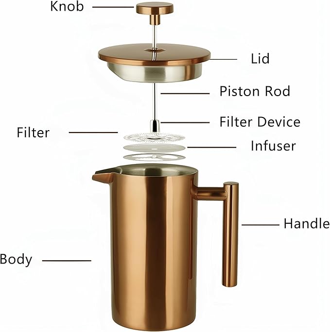 YJX 34oz Coffee Maker, Stainless Steel French Press, 1 Liter Camping Coffee Pot, Tea Maker, 34 Ounce Travel Coffee Presses, Heat Resistant Double Insulated (Coppery)