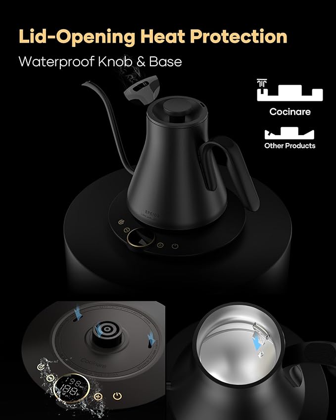 Cocinare FLOW B9 Gooseneck Electric Kettle, Precise Temperature Control for Pour-Over Coffee & Tea Brewing, Stainless Steel Interior, Rapid Heating for Boiling Water, 1500W/0.9L Matte Black