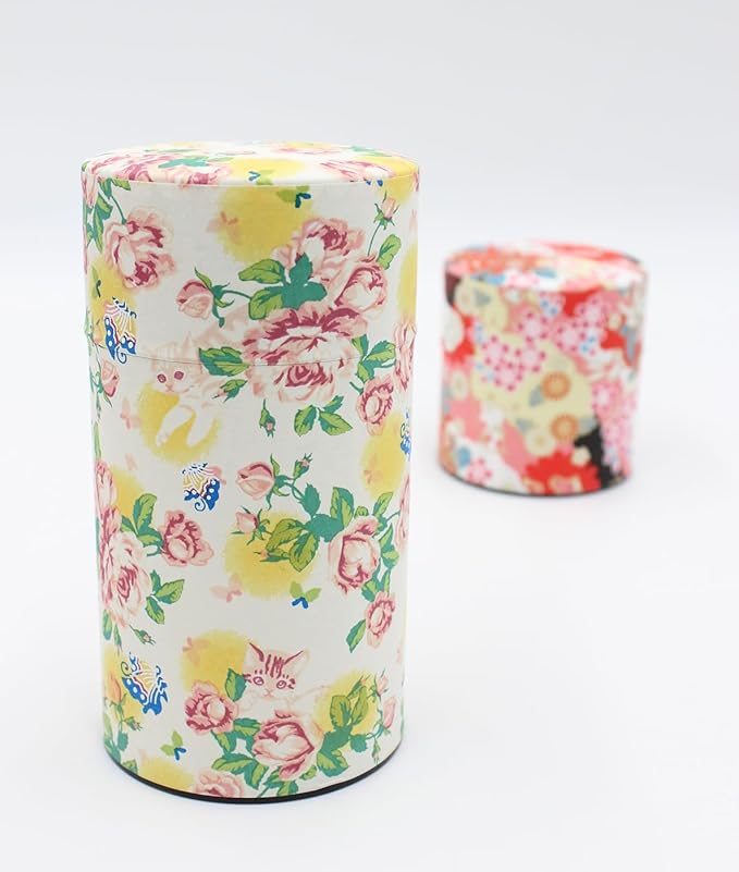 Japanese Pokkan Coffee Spice Tea Tin Canister Washi Paper Storage with Lid 7.05 oz Capacity (Neko/L)