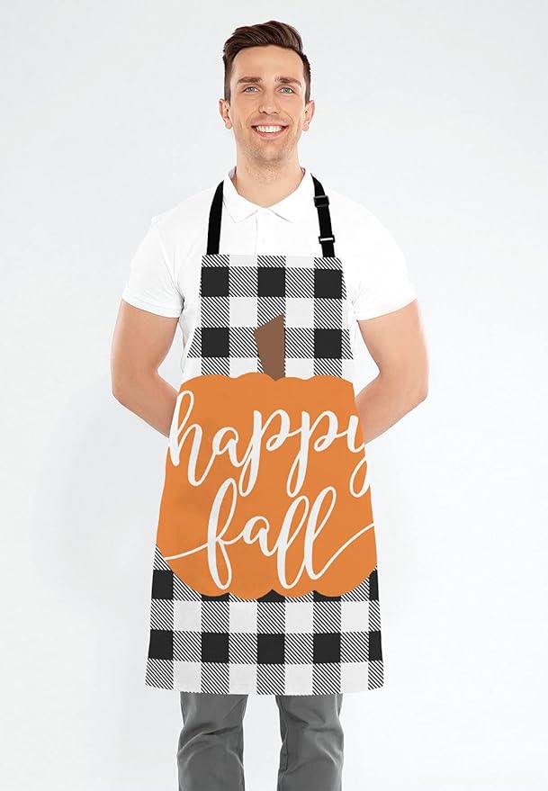 Happy Fall Pumpkin Thanksgiving Pillow case Buffalo Plaid Adjustable Bib Apron Kitchen Cooking Baking Gardening Apron for Women Men