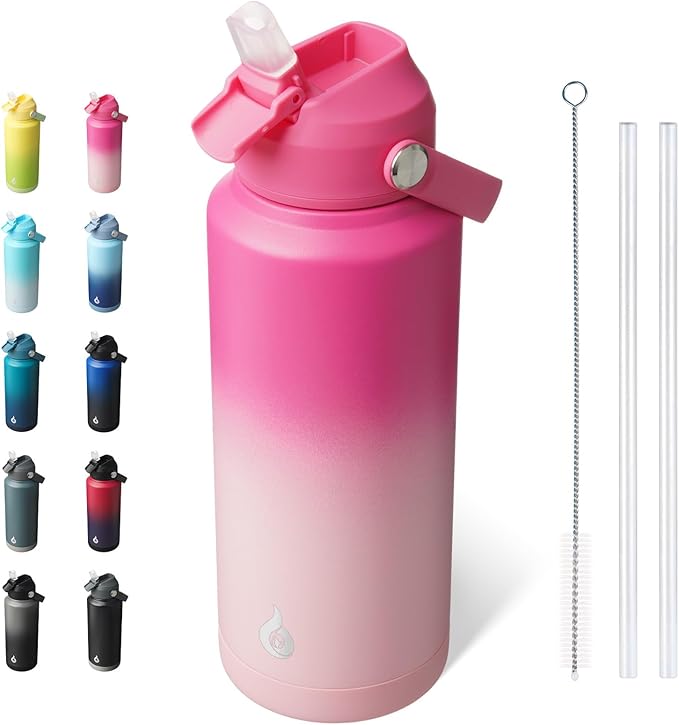 BJPKPK Water Bottle with Straw Lid, 32oz Vacuum Insulated Water Bottles, Metal Stainless Steel Thermos for Sports, Travel, BPA Free Leak Proof Thermos, Cups, Flasks, Tumblers,Cherry