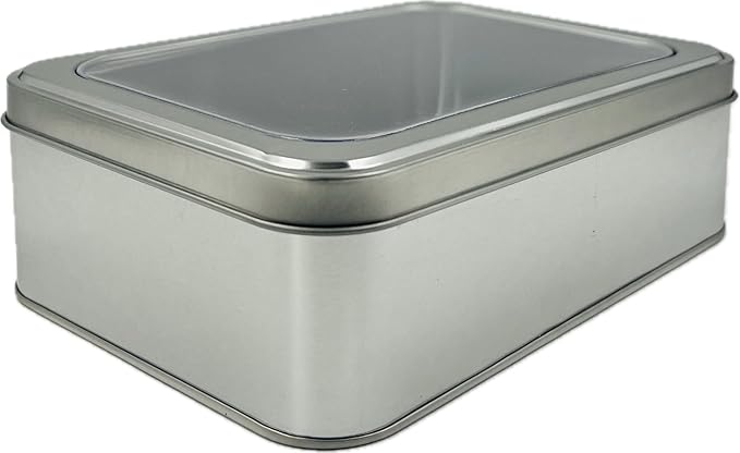 Silver Rectangular Tin Container With Clear Lid, Single Piece Multipurpose Tin, Festive Tin Box for Gift Giving, Cookies, Stationery & More - 7.25 x 5.25 x 2.25 Inches