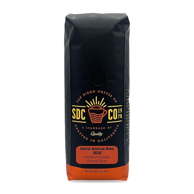 San Diego Coffee DECAF Central American Blend, Medium Roast, Whole Bean Coffee, 16-Ounce Bag Café en grano tostado descafeinado