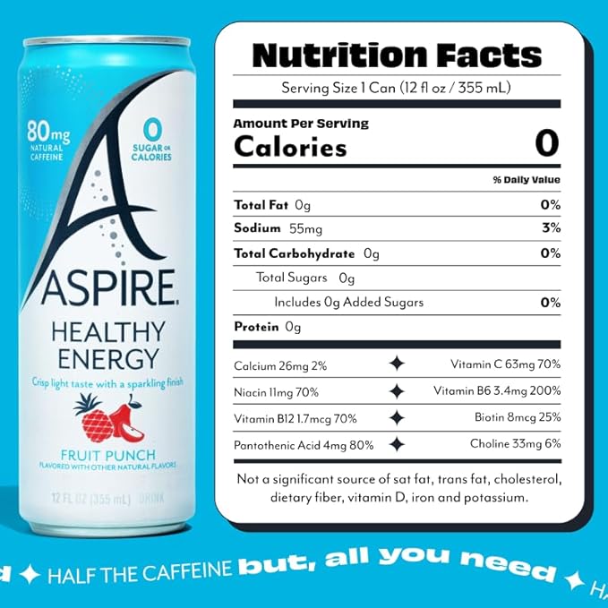 ASPIRE® Fruit Punch, Healthy Energy Drink 80mg Natural Caffeine, Zero Sugar No Carbs Keto Friendly, 12 Pack Green Tea Sugar Free Drink Low Caffeine Zero Calorie