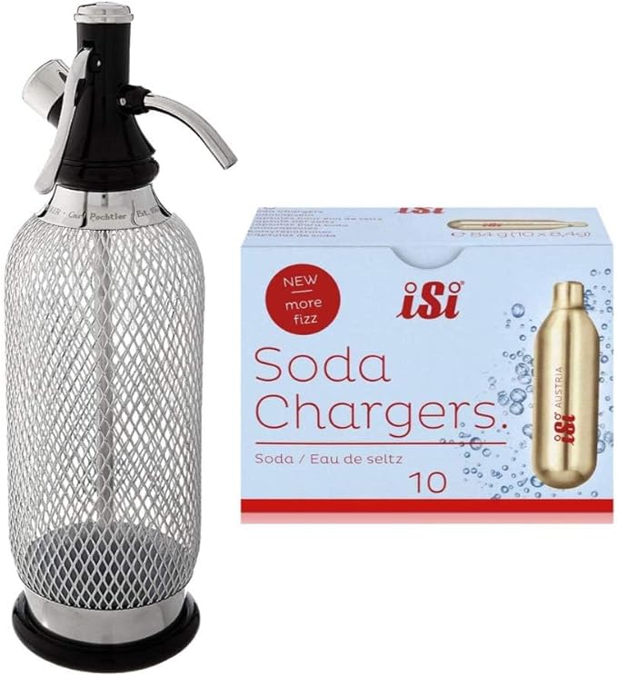 iSi North America Classic Sodamaker Set with Soda Siphon Chargers, 10-Pack - Stainless Steel 1-Quart Sparkling Water System & CO2 Carbonation Chargers for Carbonated Drinks, Juices, Cocktails