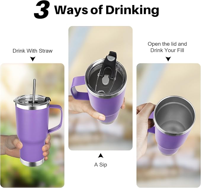 20 oz Tumbler with Handle, Stainless Steel Insulated Tumbler with Lid and Straw, Double Wall Vacuum Coffee Mug Tumbler, Insulated Coffee Thermal Cup for Cold and Hot (Purple)