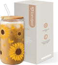 Sunflower Gifts for Women - Sunflower Cup 16 Oz Can Glass Coffee Cups with Bamboo Lid and Straw - Gift for Birthday