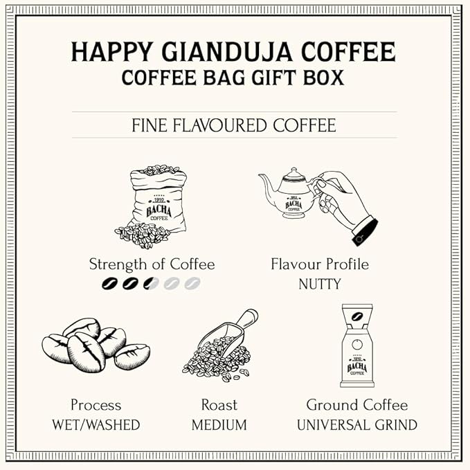 Bacha Coffee | Happy Gianduja Fine Flavoured, Medium Roast, 100% Arabica Specialty Coffee, 12 Coffee Drip Bags, Gift Box